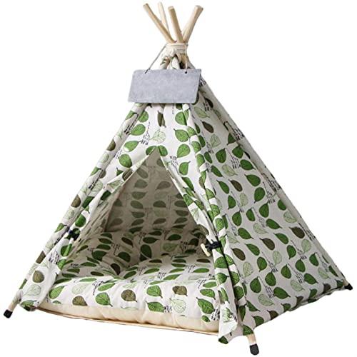 DGOINGPI Hundebett Haustier-Tipi-Haustierbett mit dickem Kissen, Tafel, Hundezelt für mittelgroße kleine Hunde und Katzen Katzenbett(Green Leaves,60X60X70CM) von DGOINGPI