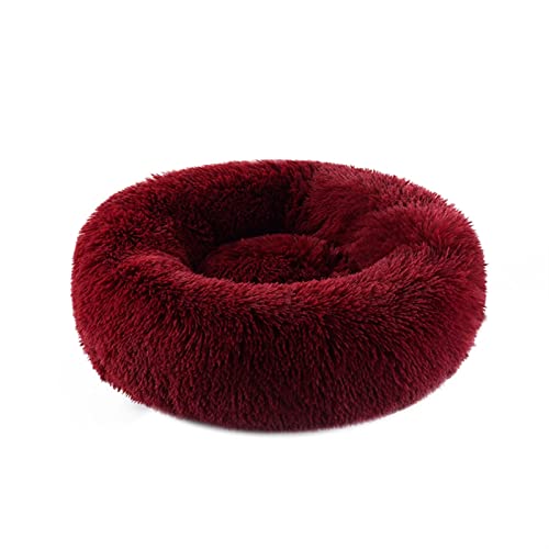 DGOINGPI Hundebett Hundebett, Katzenhaus, langes Plüsch-Haustierbett, beruhigende Betten, Haustierkorb, Hundehütte, rundes Kissen Katzenbett(Wine red,S Diameter 50cm) von DGOINGPI