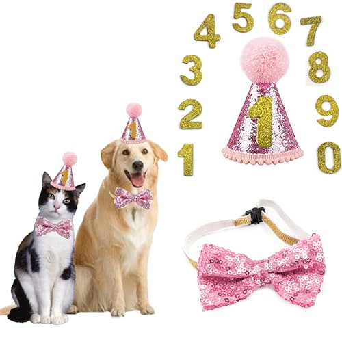 DHER Haustier Geburtstagsset Mit Goldenem Pailletten Hut Geburtstag Hut Pet Party Dekorationsset Hund Geburtstagshut Fliege Katze Hund Geburtstag Pailletten DekorationszubehöR Festliche Party (rosa) von DHER