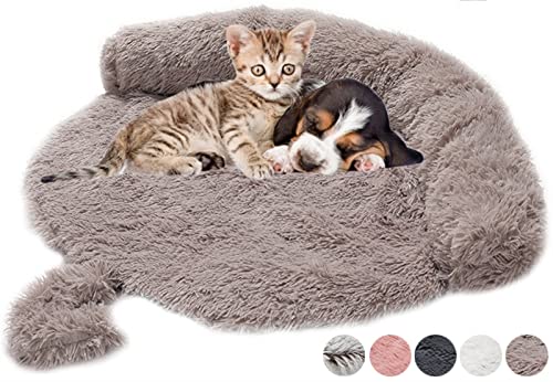 DHGTEP Beruhigende Hundebett für Sofa, Plüsch Hundebett Wasserdicht für Stühle, Couch, Autositz Decke Protector Cover Travel Cushion für Kleine Mittlere Große Hunde (Farbe : Round Brown, Größe : M) von DHGTEP