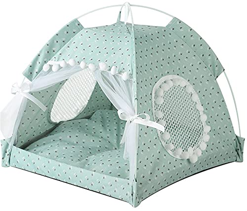 DHGTEP Hundebett Geschlossenes Haus Blumendruck Katze Zelt Bett für Indoor, Faltbare Tragbare Gemütliche Kitty Bett Kennel für Kleine Hunde Welpen Katzen (Color : Green B, Size : 50x50cm) von DHGTEP