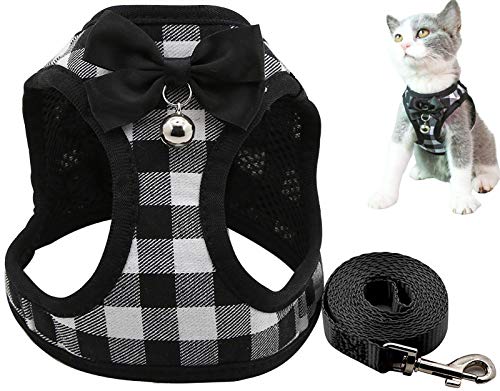 DHGTEP Hundegeschirr Gepolstert with Hundeleine 145cm Hundegeschirr Hundeleine Set mit Süßer Fliege ＆ Glocke für Welpe Kleine Hunde Große Katzen (Color : Black White Tartan, Size : L) von DHGTEP