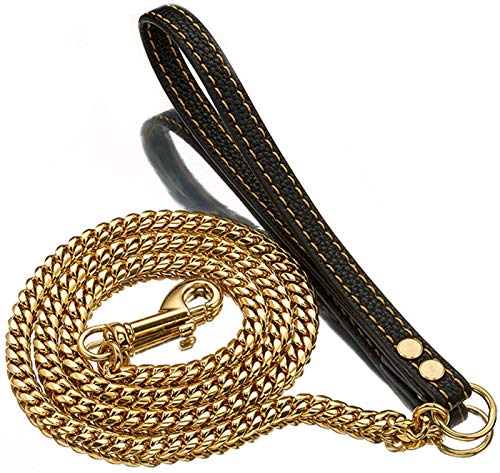 DHGTEP Hundeleine Seil Schwere Edelstahl O-Leine Outdoor-Training Kette Braun Schwarz PU Leder Griff Leine für Mittlere und Große Hunde (Color : Gold 10mm, Size : 100cm) von DHGTEP