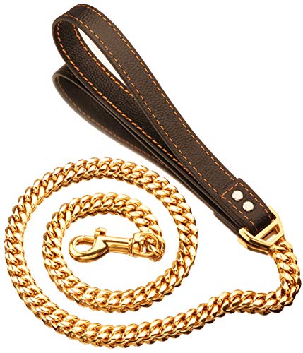 DHGTEP Hundeleine Seil Schwere Edelstahl O-Leine Outdoor-Training Kette Braun Schwarz PU Leder Griff Leine für Mittlere und Große Hunde (Color : Gold 14mm, Size : 100cm) von DHGTEP