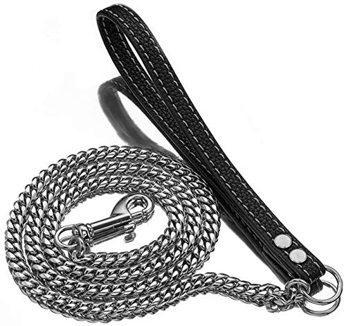 DHGTEP Hundeleine Seil Schwere Edelstahl O-Leine Outdoor-Training Kette Braun Schwarz PU Leder Griff Leine für Mittlere und Große Hunde (Color : Silver 10mm, Size : 100cm) von DHGTEP