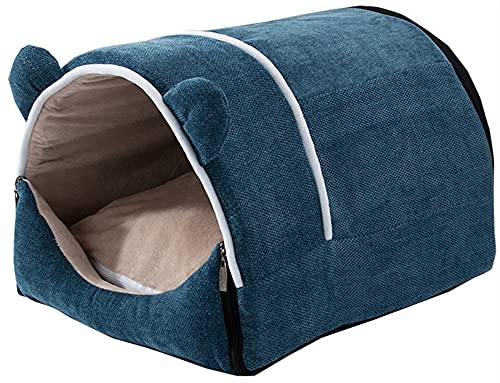 DHGTEP Katzenbetthöhle mit Dach Iglu, Flauschige PP-Baumwolle Winter Warming Hooded Katze Zelt Schlafplatz mit Abnehmbaren Waschbaren Kissen für Indoor Kleine Katzen Hunde (Color : Blue, Size : L) von DHGTEP