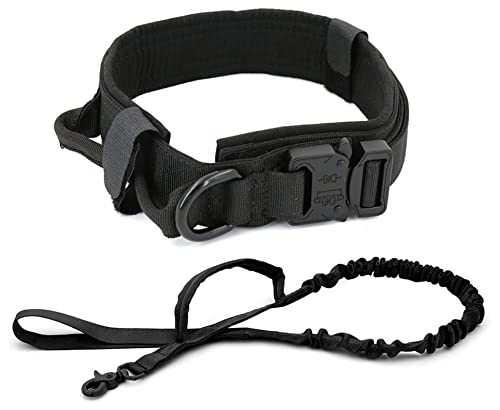 DHGTEP Militärische Taktische Hundehalsband Gepolstert Metallschnalle Verstellbare Hundeleine Kontrolle Handle Für Große Hund Walking Training (Farbe : Black Set, Größe : L) von DHGTEP