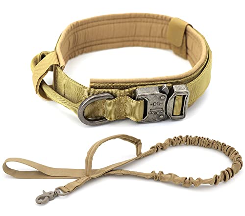 DHGTEP Militärische Taktische Hundehalsband Gepolstert Metallschnalle Verstellbare Hundeleine Kontrolle Handle Für Große Hund Walking Training (Farbe : Brown Set, Größe : L) von DHGTEP