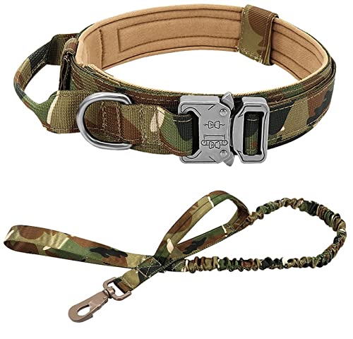 DHGTEP Militärische Taktische Hundehalsband Gepolstert Metallschnalle Verstellbare Hundeleine Kontrolle Handle Für Große Hund Walking Training (Farbe : Camouflage Set, Größe : L) von DHGTEP