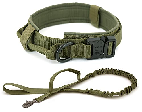 DHGTEP Militärische Taktische Hundehalsband Gepolstert Metallschnalle Verstellbare Hundeleine Kontrolle Handle Für Große Hund Walking Training (Farbe : Green Set, Größe : M) von DHGTEP