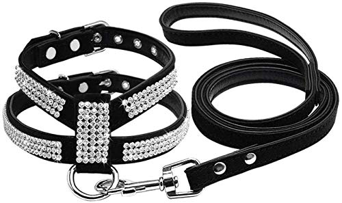 DHGTEP Strass Hundegeschirr Diamant Wildleder Katze Welpe Kätzchen Geschirr & Leine Set für Kleine Mittlere Hund Chihuahua (Color : Black, Size : L) von DHGTEP