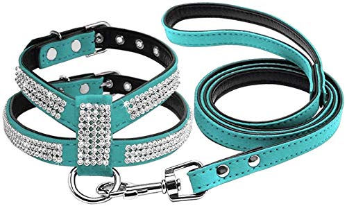 DHGTEP Strass Hundegeschirr Diamant Wildleder Katze Welpe Kätzchen Geschirr & Leine Set für Kleine Mittlere Hund Chihuahua (Color : Blue, Size : L) von DHGTEP