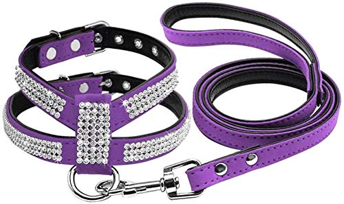 DHGTEP Strass Hundegeschirr Diamant Wildleder Katze Welpe Kätzchen Geschirr & Leine Set für Kleine Mittlere Hund Chihuahua (Color : Violet, Size : L) von DHGTEP