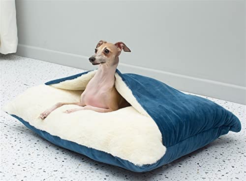 Hundebett Höhle Beruhigende Platz Schlafsack, Winter Warm Plüsch Höhle mit Kapuze Katzenbett mit Abnehmbaren Deckel für Kleine Mittlere Haustier (Farbe : Blau, Größe : 100x75x30cm) von DHGTEP