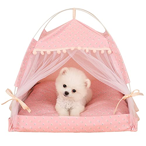 Katzenbett Hunde Zelt Portable, Faltbare Katze Haus Netz für Moskito-Schutz und Atmungsaktiv, Sommer Strand Sonne Schutz Haustier Unterschlupf für Reisen Camping Auto ( Color : Pink , Size : 35x35cm ) von DHGTEP