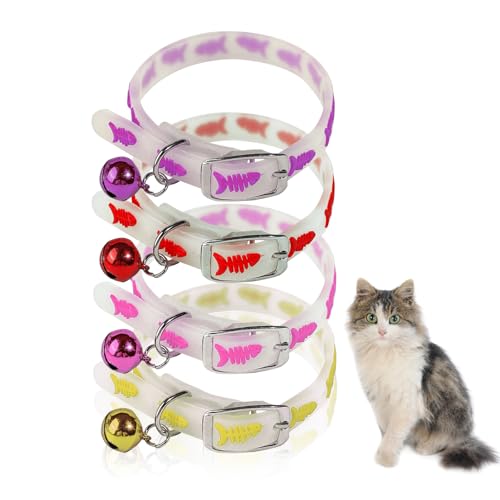 Silikon Katzenhalsband, 4 Stück Leuchtende Katzen Halsbänder mit Glocke Verstellbar Katzenhalsbänder Niedliches Haustier Halsband Klein für Kätzchen Welpe (Rot, Rosa, Lila, Gelb) von DHSWNNG