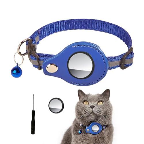 DHWEKU Katzenhalsband Reflektierend Air Tag Katze Halsband Leder für GPS Tracker Integriertes Verstellbarer Collar, Blau von DHWEKU