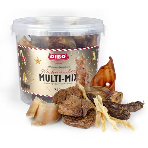 DIBO Weihnachts-Multi-Mix im 750g Eimer - wiederverschließbar, 100% schonend getrockneter Naturkausnack, natürliches und artgerechtes Barf Leckerli für Hunde zur Vorweihnachtszeit von DIBO