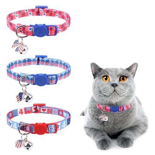 DILLYBUD Breakaway Katzenhalsband mit Glöckchen, 4. Juli, Unabhängigkeits-Urlaub, amerikanische Flagge, Kätzchen-Halsband für Mädchen, Jungen, Katzen, mit Sicherheitsschnalle, patriotisches von DILLYBUD