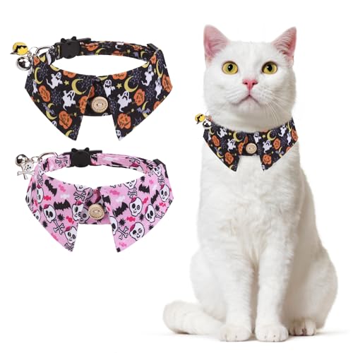 DILLYBUD Halloween-Katzenhalsband mit Glöckchen und süßem Anhänger, Katzenhalsband mit abnehmbarem Hemdkragen für Mädchen, Jungen, Katzen, 2 Stück, Urlaub, Kätzchen, verstellbar, ideal für weibliche von DILLYBUD