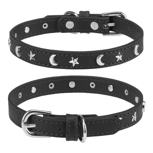 DILLYBUD Hundehalsband aus Leder für Welpen, kleine, mittelgroße Hunde, verstellbares Stern-Mond-Nieten-Haustierhalsband mit rostfreier Metallschnalle und Charms, Hundehalsbänder für Jungen und von DILLYBUD