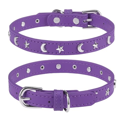 DILLYBUD Hundehalsband aus Leder für Welpen, kleine, mittelgroße Hunde, verstellbares Stern-Mond-Nieten-Haustierhalsband mit rostfreier Metallschnalle und Charms, Hundehalsband für Jungen und Mädchen, von DILLYBUD