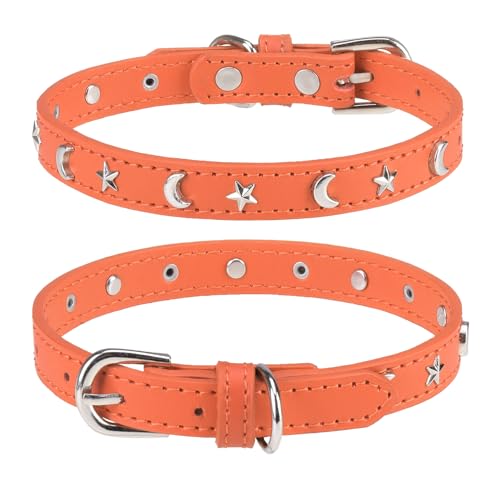 DILLYBUD Hundehalsband aus Leder für Welpen, kleine, mittelgroße Hunde, verstellbares Stern-Mond-Nieten-Haustierhalsband mit rostfreier Metallschnalle und Charms, XS S, Hundehalsbänder für Jungen und von DILLYBUD