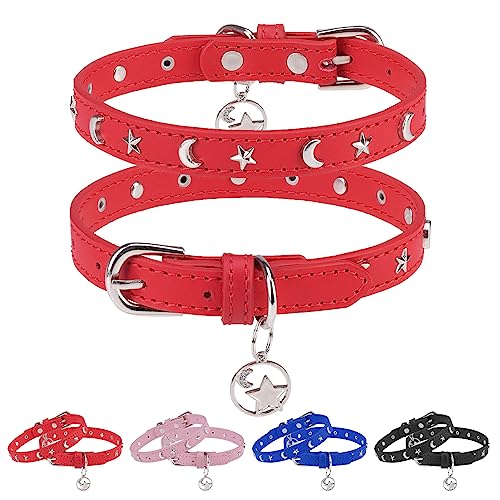 DILLYBUD Hundehalsband aus Leder für Welpen, kleine, mittelgroße Hunde, verstellbares Stern- und Mond-Nieten-Haustierhalsband mit rostfreier Metallschnalle und Charms, XS S Hundehalsbänder für Jungen von DILLYBUD