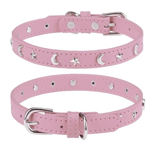 DILLYBUD Hundehalsband aus Leder für Welpen, kleine, mittelgroße Hunde, verstellbares Stern- und Mond-Nieten-Haustierhalsband mit rostfreier Metallschnalle und Charms, XS S Hundehalsbänder für Jungen von DILLYBUD