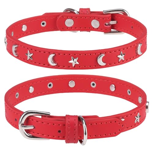 DILLYBUD Hundehalsband aus Leder für Welpen, kleine, mittelgroße Hunde, verstellbares Stern- und Mond-Nieten-Haustierhalsband mit rostfreier Metallschnalle und Charms, XS S Hundehalsbänder für Jungen von DILLYBUD