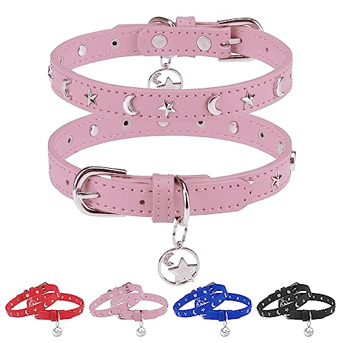 DILLYBUD Hundehalsband aus Leder für Welpen, kleine, mittelgroße Hunde, verstellbares Stern- und Mond-Nieten-Haustierhalsband mit rostfreier Metallschnalle und Charms, XS S Hundehalsbänder für Jungen von DILLYBUD