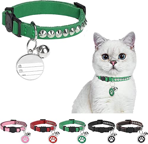 DILLYBUD Katzenhalsband aus Leder, personalisierbar, mit Nietenglocke und Sicherheitsschnalle, Nieten, Nieten, für Jungen, Mädchen, Katzen, Kätzchen, 22,9 cm – 29,2 cm, Grün von DILLYBUD