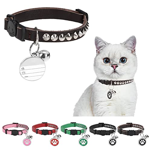 DILLYBUD Katzenhalsband aus Leder, personalisierbar, mit Nietenglocke und Sicherheitsschnalle, Nieten, Nieten, für Jungen, Mädchen, Katzen, Kätzchen, 22,9 cm – 29,2 cm, Braun von DILLYBUD