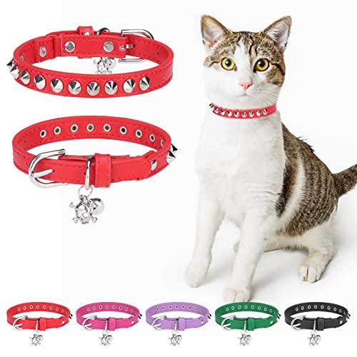 DILLYBUD Leder-Katzenhalsbänder für Jungen, Mädchen, Katzen, mit Glocke und elastischem Sicherheitsgürtel, personalisierte Nieten, verstellbar, sichere Schnalle, Halsband mit Totenkopf-Anhänger für kleine Haustiere, Größe 20,3 - 30,5 cm, Rot von DILLYBUD