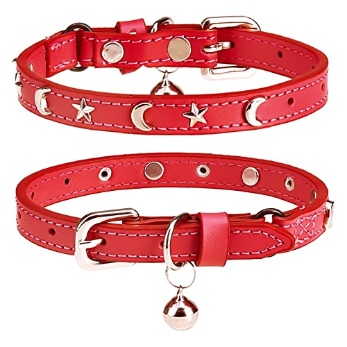 DILLYBUD Leder-Katzenhalsbänder für Jungen, Mädchen, Katzen, mit Glocke und elastischem Sicherheitsgürtel, personalisierte Stern- und Mondnieten, verstellbare sichere Schnalle,30.5 cm, Rot von DILLYBUD