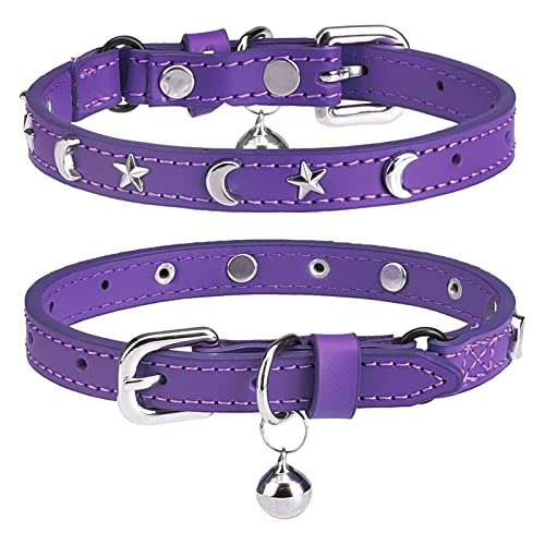 DILLYBUD Leder-Katzenhalsbänder mit Glöckchen und elastischem Sicherheitsgürtel, personalisierbar, Stern- und Mondnieten, verstellbar, sichere Schnalle, Halsband für Kätzchen, kleine,30.5 cm, Violett von DILLYBUD