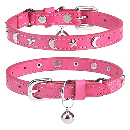 DILLYBUD Leder-Katzenhalsbänder mit Glöckchen und elastischem Sicherheitsgürtel, personalisierbar, Stern- und Mondnieten, verstellbare sichere Schnalle, Halsband für Kätzchen, kleine,30.5 cm, Rose von DILLYBUD