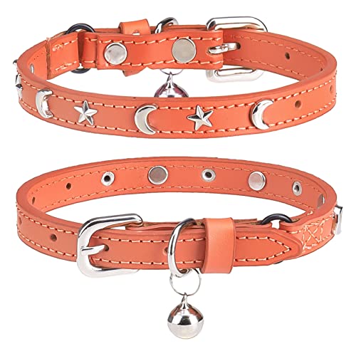 DILLYBUD Leder-Katzenhalsbänder mit Glöckchen und elastischem Sicherheitsgürtel, personalisierbar, Stern- und Mondnieten, verstellbare sichere Schnalle, Halsband für Kätzchen, kleine,30.5 cm, Orange von DILLYBUD