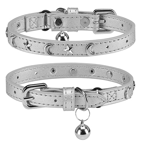 DILLYBUD Leder-Katzenhalsband für Jungen, Mädchen, Katzen, mit Glöckchen und elastischem Sicherheitsgürtel, personalisierbar, Stern- und Mondnieten, verstellbare sichere Schnalle, Halsband für von DILLYBUD