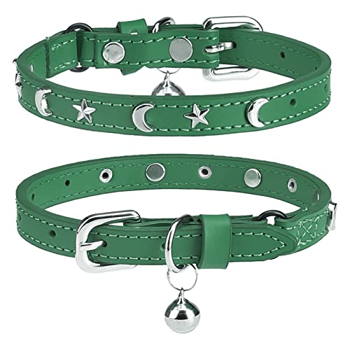 DILLYBUD Leder-Katzenhalsband für Jungen, Mädchen, Katzen, mit Glöckchen und elastischem Sicherheitsgürtel, personalisierbar, Stern- und Mondnieten, verstellbare sichere Schnalle, Halsband für kleine von DILLYBUD