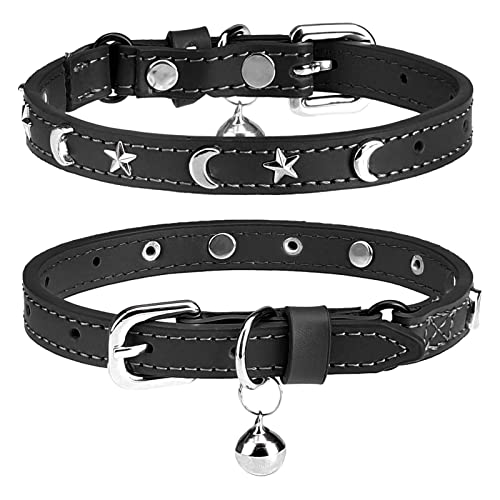 DILLYBUD Leder-Katzenhalsband für Jungen, Mädchen, Katzen, mit Glöckchen und elastischem Sicherheitsgürtel, personalisierbar, Stern- und Mondnieten, verstellbare sichere Schnalle, Halsband für kleine von DILLYBUD