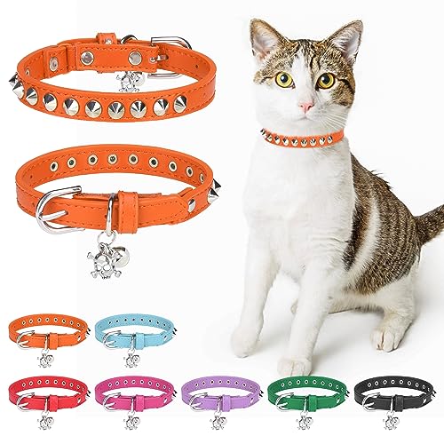 DILLYBUD Leder-Katzenhalsband für Jungen, Mädchen, Katzen, mit Glöckchen und elastischem Sicherheitsgürtel, personalisierte Nieten, verstellbare sichere Schnalle, Halsband mit Totenkopf-Anhänger für von DILLYBUD