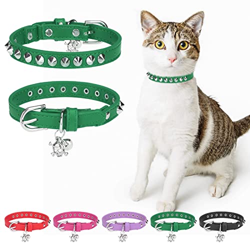 DILLYBUD Leder-Katzenhalsband für Jungen, Mädchen, Katzen, mit Glöckchen und elastischem Sicherheitsgürtel, personalisierte Nieten, verstellbare sichere Schnalle, Halsband mit Totenkopf-Anhänger für von DILLYBUD