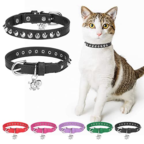 DILLYBUD Leder-Katzenhalsband für Jungen, Mädchen, Katzen, mit Glöckchen und elastischem Sicherheitsgürtel, personalisierte Nieten, verstellbare sichere Schnalle, Halsband mit Totenkopf-Anhänger für von DILLYBUD