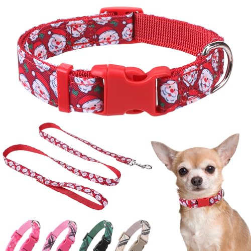 DILLYBUD Weihnachts-Hundehalsband, kleines Hundehalsband und Leine, mit Schnellverschluss-Schnalle, verstellbare Nylon-Haustierhalsbänder mit Leine für Spaziergänge, Spielen, Training von DILLYBUD