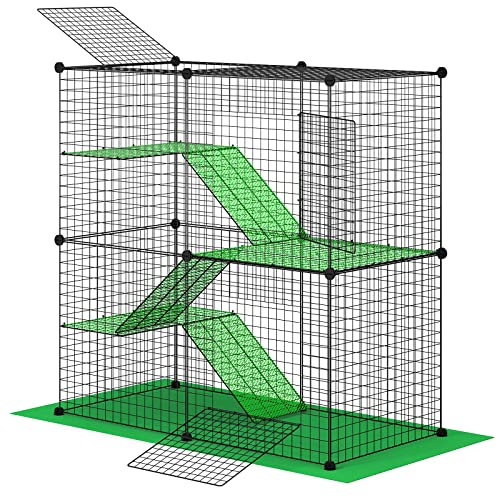 DINMO Großer Katzenkäfig, Katzenhäuser für Wohnungskatzen, Zwei Türen, große Plattformen, mit grünem Schutznetz, Bodenmatte, Kabelbinder, Platz für 3 Erwachsene Katzen von DINMO