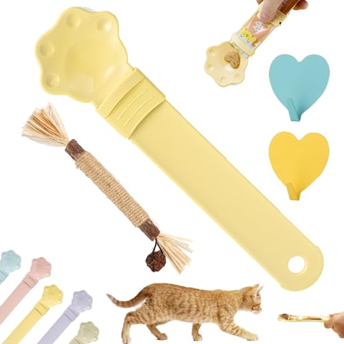 Happy Spoon for Cats, Happy Spoon Cat Treat Feeder, Cat Strip Happy Spoon, Multi Functional Cat Wet Treat Squeeze Treat Spoon, Claw Shape Cat Happy Spoon for Wet Food, Anti-overflow (Yellow) von DINNIWIKL