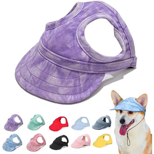 Outdoor Sonnenschutz Hut für Hunde, Hundeballmütze, Baseballmütze für Hunde, Basecap Verstellbar Sonnenschutz Hut Hundecap mit Ohrlöchern, Outdoor-Sunbonnet für Haustiere (Lila-Batik, L) von DINNIWIKL