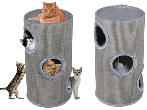 DIP-MAR - Kratztonne - 50cm hoch, Grau | 2 Ebenen, Flauschige Bälle zum Spielen | Katzentonne, Katzen Kratztonne, Kratztonnen für Katzen von DIPMAR