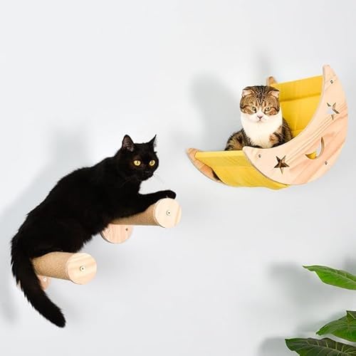 DITOSH Wand-Katzenbett Mond Hängematte Wandregal mit 2 Stufen Kletterschafen und Sisal Plattformen Seil Kratzbaum Holz Wand Möbel Brücke Leiter Holz Indoor Katzen Wand Bett Mond Set von DITOSH